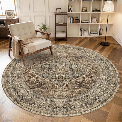 Large Round Rug 8ft: Vintage Round Area Rugs for Living Room Dining Room Bedroom Home Office - Soft Non-Slip Circle Carpet 8' - Oriental Dark Brown