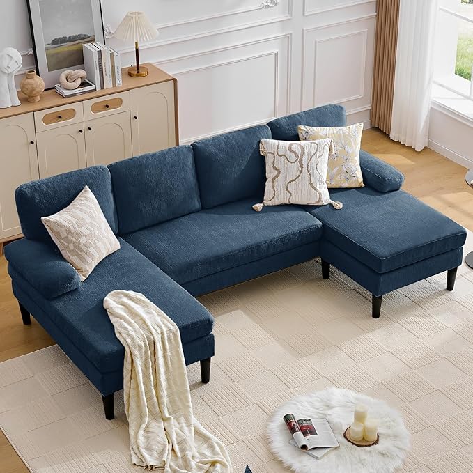 Korser 101" U-Shaped Sectional Couches for Living Room, Chenille Upholstery 4-Seat Sofa with Double Chaises, Modern Couch with Wood Legs for Apartment & Small Space, Blue