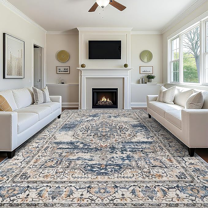 YOUFORTONG 9x12 Area Rug Washable：Large Living Room Area Rugs - Machine Washable Stain Resistant Rug - Soft Low Pile Carpet for Bedroom Dining Room 9'x12' Blue