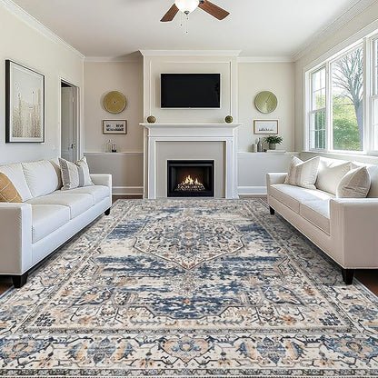 YOUFORTONG 9x12 Area Rug Washable：Large Living Room Area Rugs - Machine Washable Stain Resistant Rug - Soft Low Pile Carpet for Bedroom Dining Room 9'x12' Blue