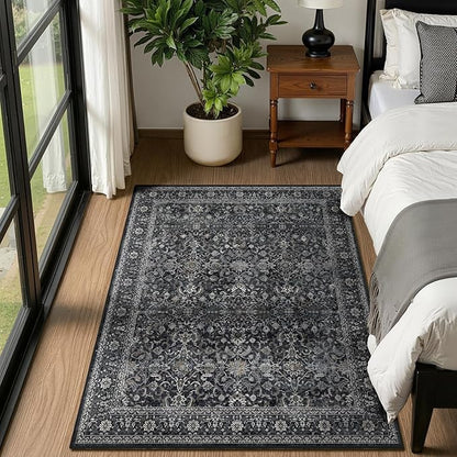 Dark 4x6 Washable Rug, Small Area Rugs Non Slip for Entryway Kitchen Bathroom, Vintage Farmhouse Low Pile Thin Throw Carpet Rug for Foyer/Nursery/Home Office/Living Room, Midnight