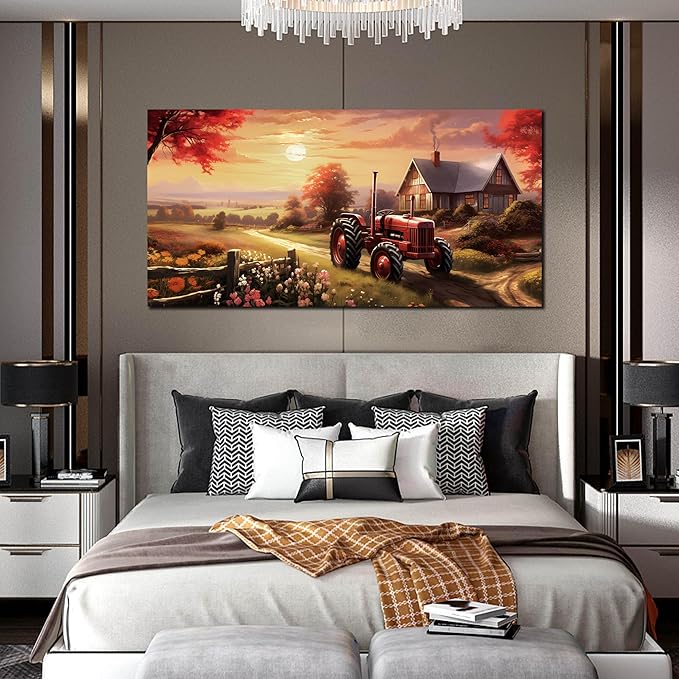 ANCXWOTER Canvas Wall Art Sunset Landscape Canvas Prints Vintage Red Tractor for Living Room Bedroom Office Home Decor Country Farmhouse Artwork 29x59 Inch