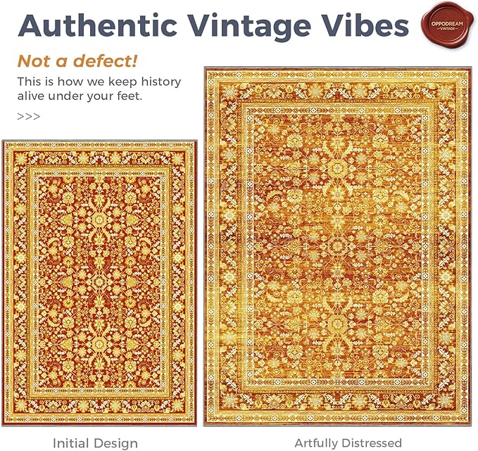 OPPODREAM Vintage Orange Round Rug 3ft, 3 ft Retro Washable Circle Rug Non Slip, Low-Pile Faux Wool Circular Carpet, Distressed Floor Mat for Living Room, Bedroom, Office, Dorm, Dinning Room