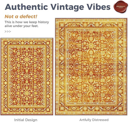 OPPODREAM Vintage Orange Round Rug 3ft, 3 ft Retro Washable Circle Rug Non Slip, Low-Pile Faux Wool Circular Carpet, Distressed Floor Mat for Living Room, Bedroom, Office, Dorm, Dinning Room