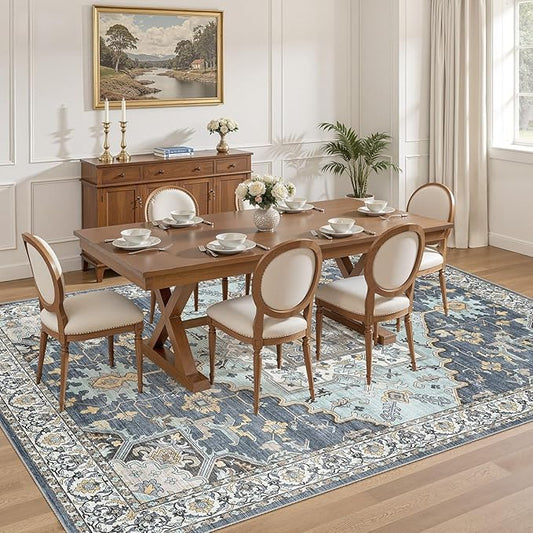8x11 Washable Area Rugs for Living Room: Non Slip Vintage Blue Yellow Rug, Large Soft Stain Resistant Indoor Floor Carpets for Bedroom Dining Room Nursery Home Office Kid & Pet Friendly