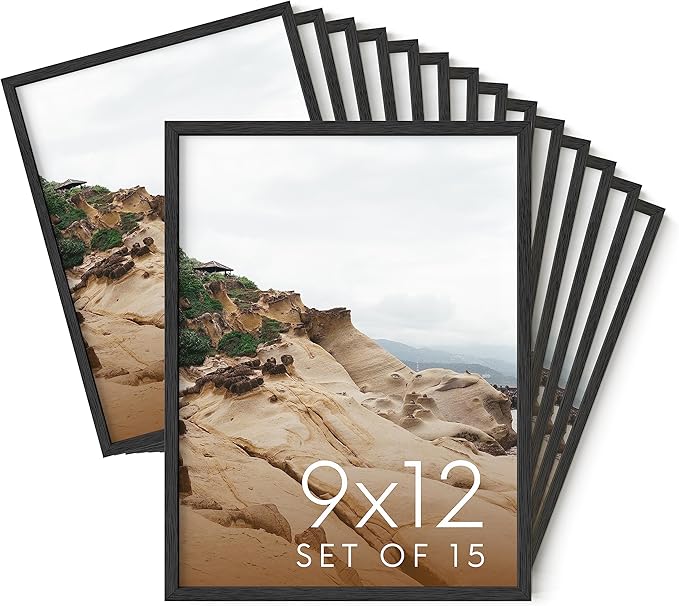 HAUS AND HUES 9x12 Black Oak Wood Picture Frames Set of 15 - Premium Bulk Picture Frames 9x12 Bundle - Elegant Gallery Wall Frame Set for Posters, Art Display - Ideal for Wall Decor in Home & Office