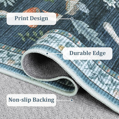 ROYHOME Mushroom Insect Rug 2x6 Runners for Hallways, Boho Kitchen Runner Rugs Non Slip Bath, Modern Washable Rug for Bedroom, Soft Long Rugs for Entryway Bathroom Laundry Dorm, Blue