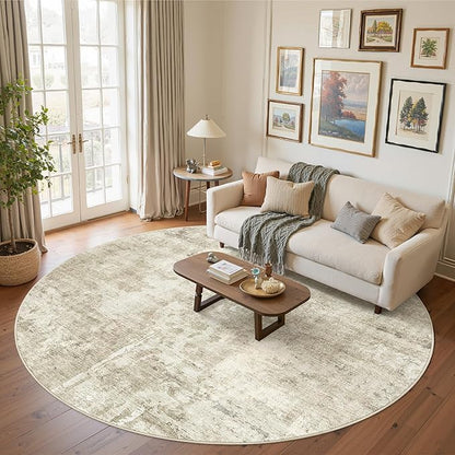 Soalmost 8x8 Beige Gray Round Rug 8ft Living Room Circle Rug Vintage Round Area Rug Non Slip Indoor Carpet for Apartment