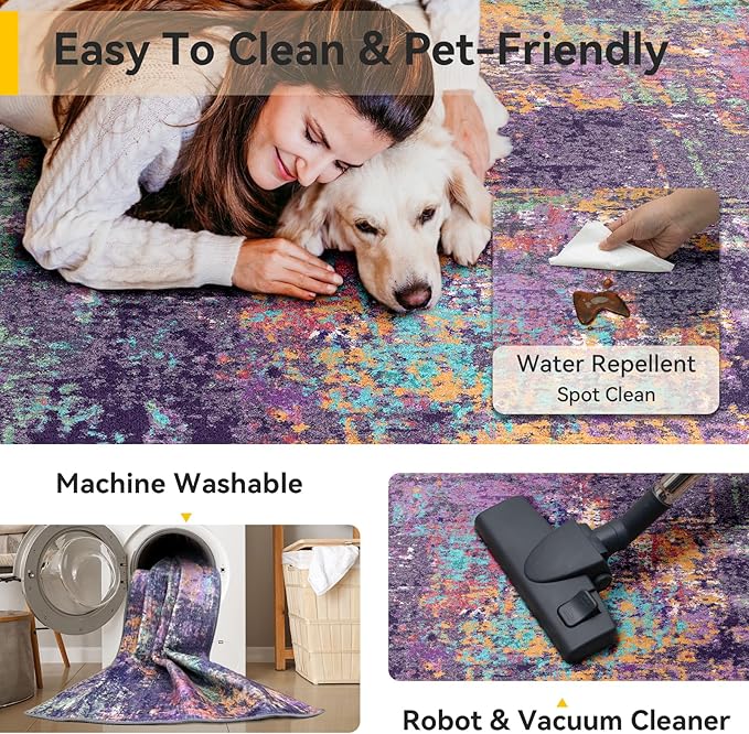 RELEANY Washable Area Rugs 6'x8' Non-Slip Modern Abstract Soft for Living Room Entryway Bedroom Nursery, Print Pattern, Purple Orange Blue Green Rust Red Colorful
