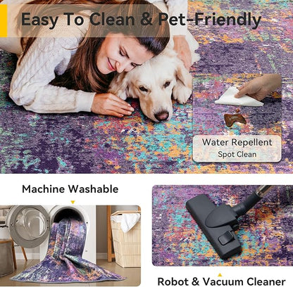 RELEANY Washable Area Rugs 8'x10' Non-Slip Modern Abstract Soft for Living Room Entryway Bedroom Nursery, Print Pattern, Purple Orange Blue Green Rust Red Colorful