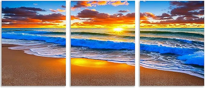 TutuBeer 3 Panels Beach Pictures Blue Sea White Beach at Sunrise Picture Print on Canvas Ocean Pictures Wall Decor Ocean Canvas Art Seascape Wall Art Stretched and Framed 16" x24" x 3
