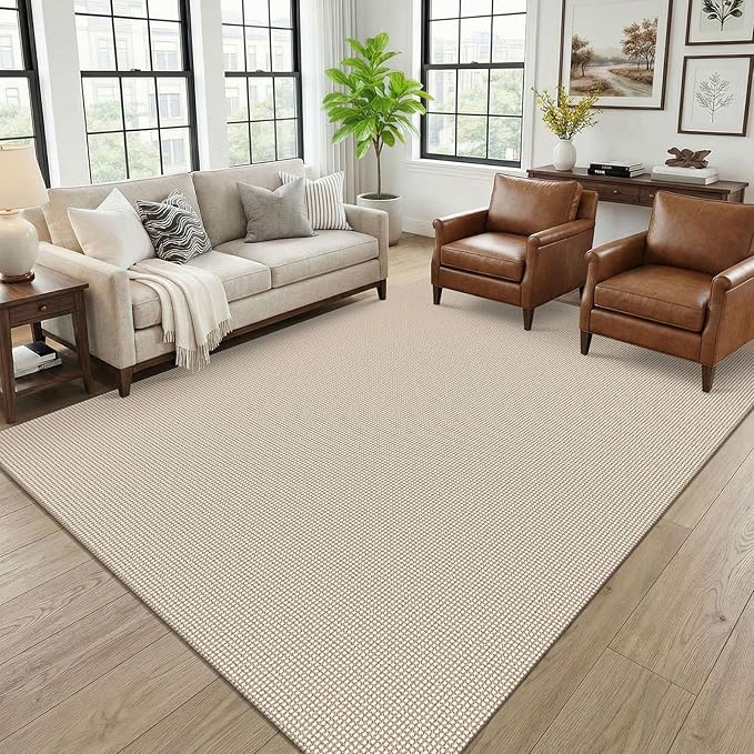 KOZYFLY 6x9 Dining Room Rugs, Washable Area Rug for Living Room, Non Slip Rugs for Bedroom, Braided Floor Carpet for Nursery, Office, Cotton Rug Home Indoor Decor, Ivory/Camel/Brown