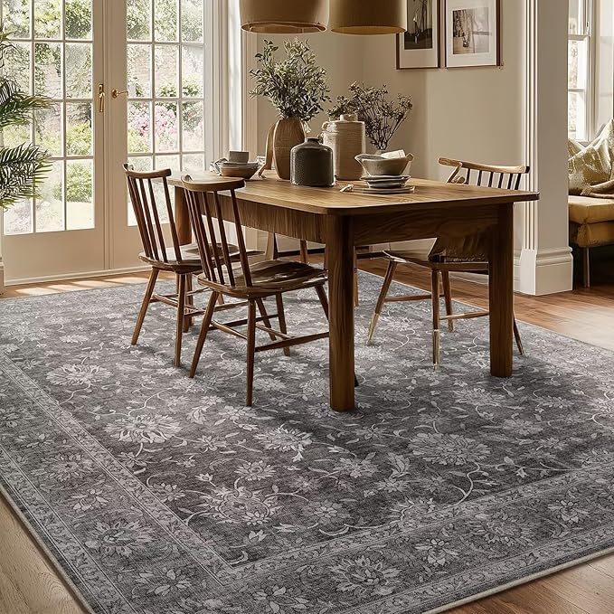 Washable 6x9 Area Rugs for Living Room, Boho Non-Slip Vintage Distress Large Rugs for Bedroom Dining Room Nursery Office, 0.3" Neutral Oriental Throw Thin Carpet, Grey/Multi, E3
