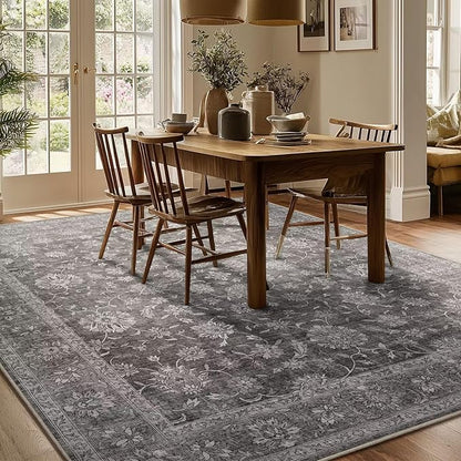 Washable 6x9 Area Rugs for Living Room, Boho Non-Slip Vintage Distress Large Rugs for Bedroom Dining Room Nursery Office, 0.3" Neutral Oriental Throw Thin Carpet, Grey/Multi, E3