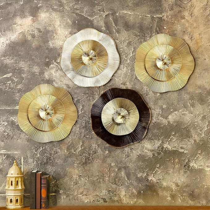 Shimeyao 4 Pcs 12 Inch Gold Wall Decor Metal Flower Plate Art Hanging Wall Decorations Modern Metai Decorations for Home Living Room Office Bedroom Bathroom Floral Sculpture