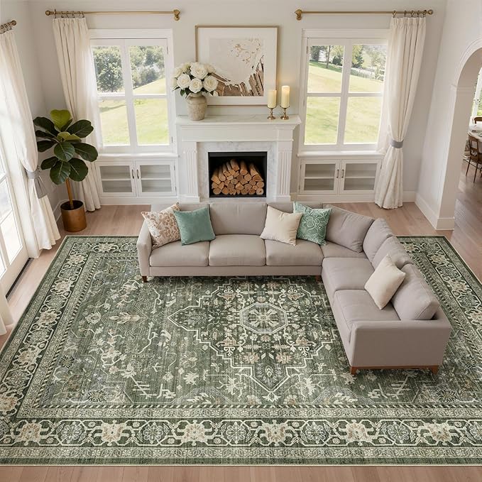 10x12 Area Rug Living Room: Washable Boho Large Neutral Vintage Soft Rugs Stain Resistant Farmhouse Non Slip Indoor Floor Carpet for Bedroom Nursery Kids Playroom Office Dining Room Home- Dark Green