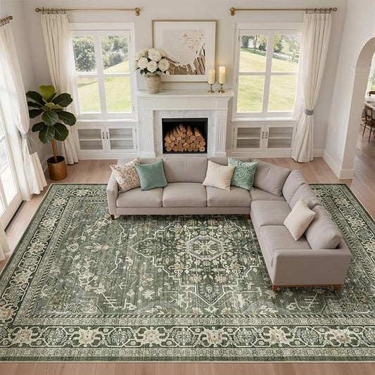 10x12 Area Rug Living Room: Washable Boho Large Neutral Vintage Soft Rugs Stain Resistant Farmhouse Non Slip Indoor Floor Carpet for Bedroom Nursery Kids Playroom Office Dining Room Home- Dark Green