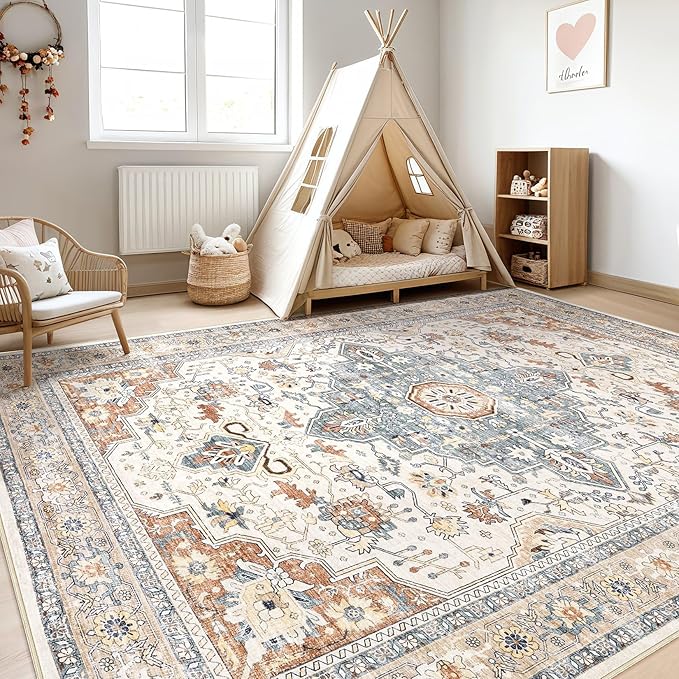 7x9 Area Rug Living Room: Washable Boho Large Neutral Vintage Soft Rug Stain Resistant Distressed Farmhouse Non-Slip Indoor Floor Carpet for Bedroom Nursery Kids Office Dining Room- Beige Blue