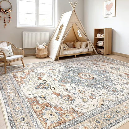 6x8 Area Rug Living Room: Washable Boho Large Neutral Vintage Soft Rugs Stain Resistant Distressed Farmhouse Non-Slip Indoor Floor Carpet for Bedroom Nursery Kids Office Dining Room- Beige Blue
