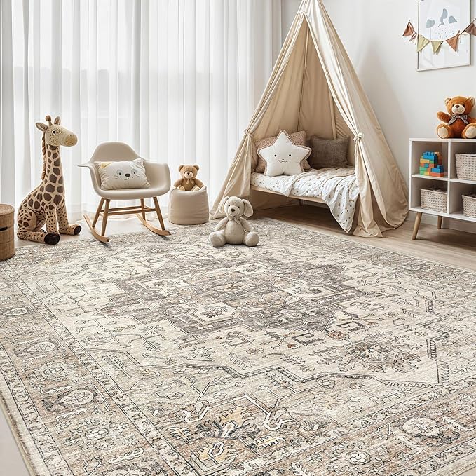 Area Rug 10x14 Washable Vintage - Soft Traditional Rug for Living Room Bedroom Dining Room or Home Office -Non Slip Backing Large Rugs with Low Pile Farmhouse Oriental Retro Carpet - Light Brown