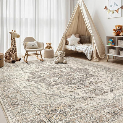Area Rug 10x14 Washable Vintage - Soft Traditional Rug for Living Room Bedroom Dining Room or Home Office -Non Slip Backing Large Rugs with Low Pile Farmhouse Oriental Retro Carpet - Light Brown