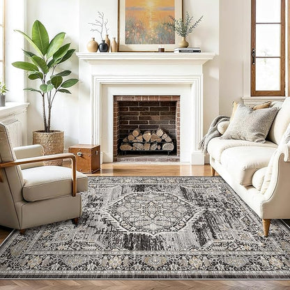 Washable Area Rugs 5x6 Entryway: Soft Ultra Thin Low Pile Mat Machine Washable Indoor Doormat Lightweight Entry Rug Anti Slip Backing Rugs for Living Room Bedroom Kitchen 5'x6' Black