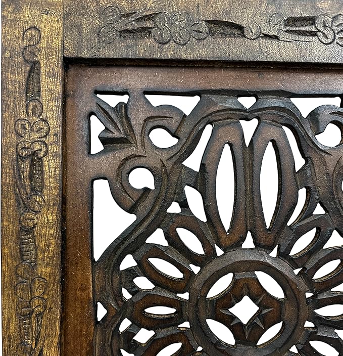 Floral Hand Carved Wooden Wall Panels Set of 2, Rustic Brown Decorative Wall Art for Living Room, Bedroom, Hallway & Home Décor, Vintage Rustic Finish Handmade Wooden Hanging Panels