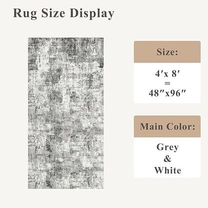 4x8 Washable Area Rug – Non-Slip Rubber Backed Indoor Rug for Entryway, Kitchen, Hallway | Modern Abstract Neutral Low Pile Thin Floor Mat for Bedroom, Living Room, Office（Grey）