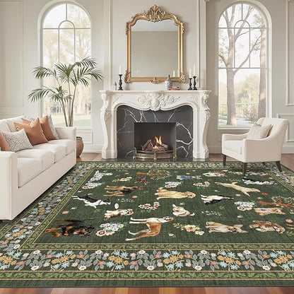 Dogs Area Rugs 9x12 for Living Room, Washable Rug Non Slip Floral Low Pile Large Rug for Living Room, Bedroom, Farmhouse, Dining Room, Kids Playroom, Dark Green