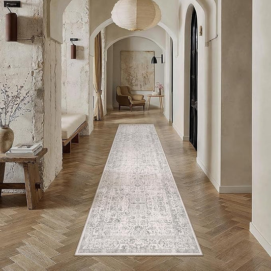 PureCozy Gray Runner Rug 2x8 Hallway Machine Washable Kitchen Vintage Distressed Non Slip Long Carpet Indoor Grey Retro Floral Bedroom Accent Throw Rug for Bathroom Office Laundry Dining Living Room