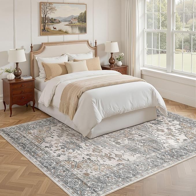 7x9 Washable Area Rugs for Living Room: Non Slip Vintage Gray Brown Rug, Large Soft Stain Resistant Indoor Floor Carpets for Bedroom Dining Room Nursery Home Office Kid & Pet Friendly