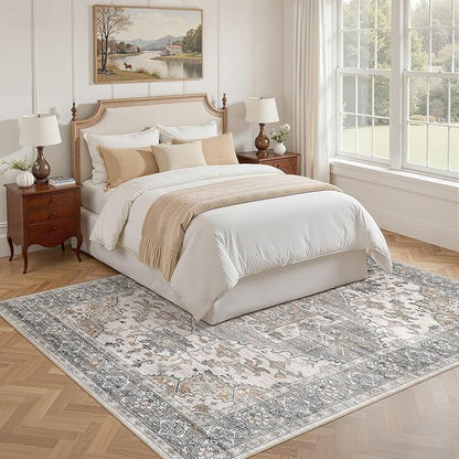 7x9 Washable Area Rugs for Living Room: Non Slip Vintage Gray Brown Rug, Large Soft Stain Resistant Indoor Floor Carpets for Bedroom Dining Room Nursery Home Office Kid & Pet Friendly