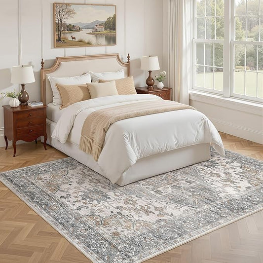 7x9 Washable Area Rugs for Living Room: Non Slip Vintage Gray Brown Rug, Large Soft Stain Resistant Indoor Floor Carpets for Bedroom Dining Room Nursery Home Office Kid & Pet Friendly