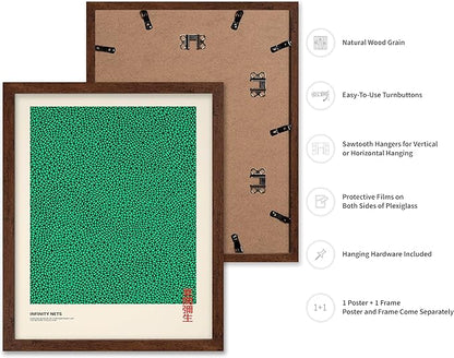 Poster Master Vintage Poster - Retro Pop Art Print - Gift for Artist, Friend - Infinity Nets, Japanese, Green, Modern, Abstract - Wall Decor for Home, Office, 16x20 Brown Framed