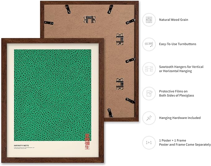 Poster Master Vintage Poster - Retro Pop Art Print - Gift for Artist, Friend - Infinity Nets, Japanese, Green, Modern, Abstract - Wall Decor for Home, Office, 11x14 Brown Framed