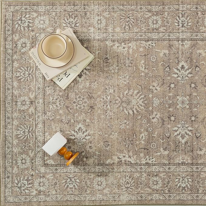 PureCozy 2x6 Runner Rug Brown Washable Hallway Vintage Carpet Kitchen Small Long Non Slip Stain Soft Resistant Low Pile Thin Boho Accent Indoor Throw Rug for Bedroom Laundry Living Room