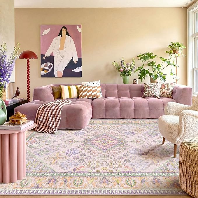 Kokia 9x12 Area Rugs for Living Room, Stain Resistant Machine Washable Rug, Non Slip Backing Boho Rugs for Bedroom, Printed Soft Vintage Carpet Lilac Lavender Purple 9 x 12