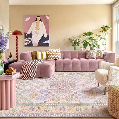 Kokia 9x12 Area Rugs for Living Room, Stain Resistant Machine Washable Rug, Non Slip Backing Boho Rugs for Bedroom, Printed Soft Vintage Carpet Lilac Lavender Purple 9 x 12