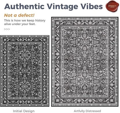 OPPODREAM Vintage Black Area Rugs 4x6, 4 x 6 Retro Washable Rug Non Slip, Low-Pile Faux Wool Carpet, Distressed Floor Mat for Living Room, Bedroom, Kitchen, Office, Dorm, Dinning Room