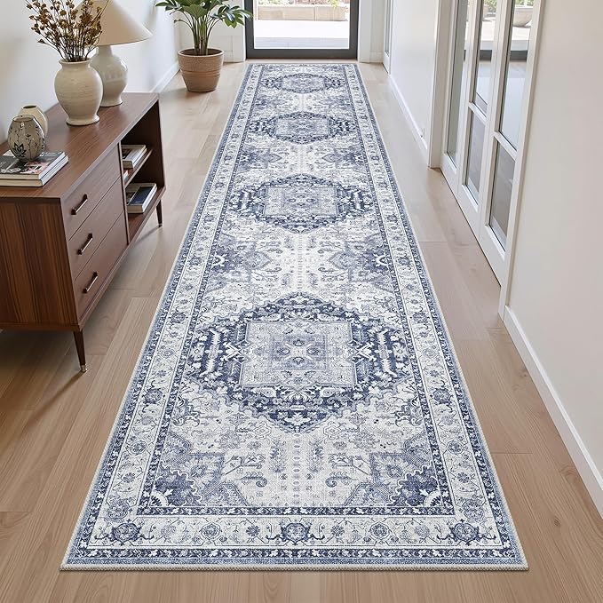 Washable 2x10 Runner Rug - Non Slip Vintage Hallway Runner Rugs for Kitchen, Waterproof Stain Resistant Long Carpet for Living Room Entryway Bedroom Laundry Navy/Blue
