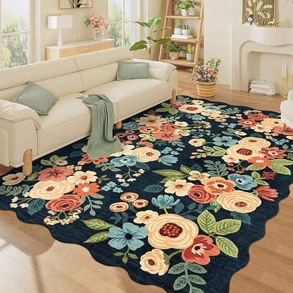 DUKINO 6x9 Area Rug, Floral Washable Rugs for Living Room with Non Slip Backing & Non-Shedding, Lightwight Low Pile Boho Design Large Carpets for Bedroom, Living Room, Dining Room, Navy Blue