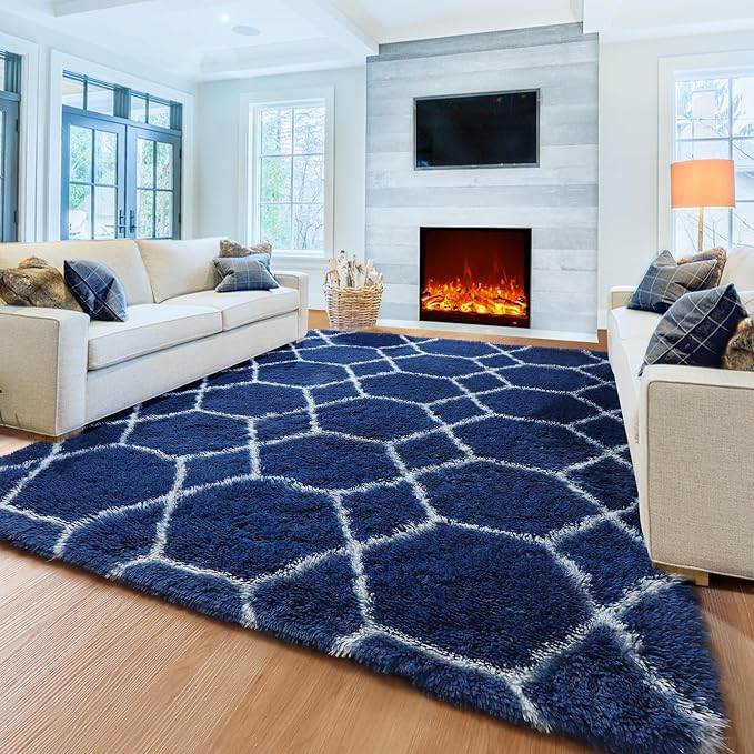 ONASAR 5x7 Area Rugs for Living Room Bedroom, Fluffy Navy Blue and White Throw Rug, Geometric Boho Soft Plush Shaggy Floor Carpet for Nursery Kids Girls Boys Teen Dorm Home Decor Aesthetic