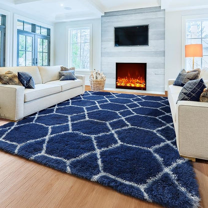 ONASAR 5x7 Area Rugs for Living Room Bedroom, Fluffy Navy Blue and White Throw Rug, Geometric Boho Soft Plush Shaggy Floor Carpet for Nursery Kids Girls Boys Teen Dorm Home Decor Aesthetic