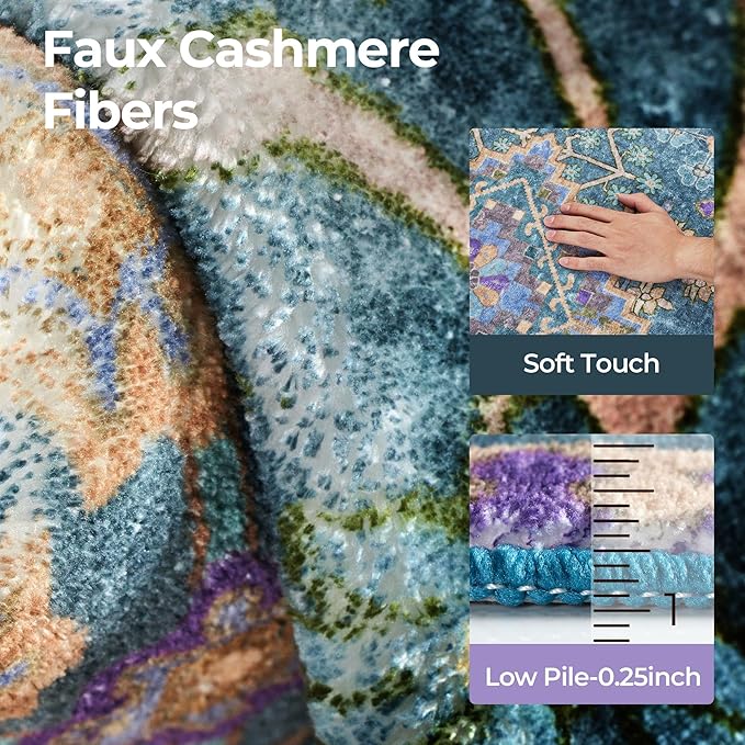 5x7 Area Rugs for Living Room, Machine Washable Low Pile Rug, Non Slip Backing Boho Rugs for Bedroom, Printed Soft Vintage Carpet Teal Green Purple 5 x 7