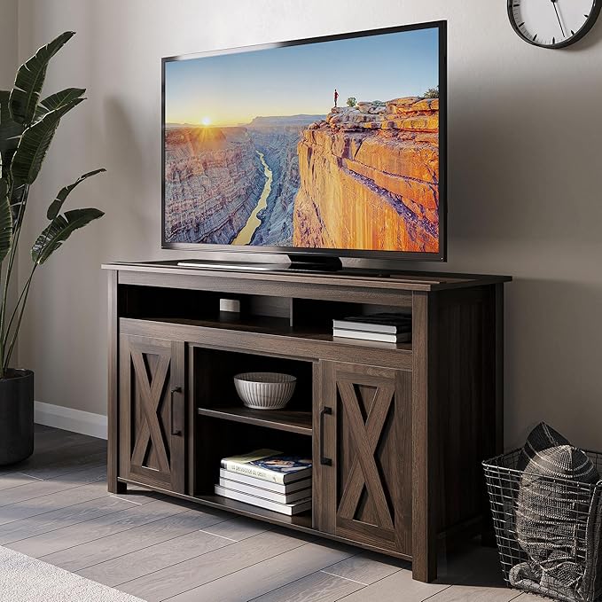 BELLEZE 48” TV Stand for TVs up to 50 Inches, Entertainment Center with Barn Door, Media TV Console Table with Two Open Shelves and Cabinets, TV Cabinet for Living Room Bedroom, Dark Walnut