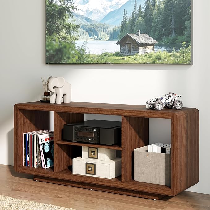 MWOOD 50.4" TV Stand with Charging Station, Mid Century Console Table with Curved Edges, Wood Entertainment Center with 4 Open Shelves for Living Room Bedroom, Appartment Walnut
