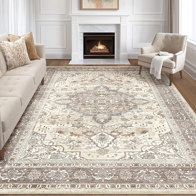 9x12 Area Rug Living Room: Washable Boho Large Neutral Vintage Soft Rugs Stain Resistant Farmhouse Non Slip Indoor Floor Carpet for Bedroom Nursery Kids Playroom Office Dining Room Home Decor- Brown