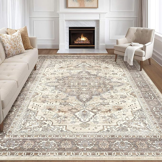 7x9 Area Rug Living Room: Washable Boho Large Neutral Vintage Soft Rugs Stain Resistant Farmhouse Non-Slip Indoor Floor Carpet for Bedroom Nursery Kids Playroom Office Dining Room- Beige Brown