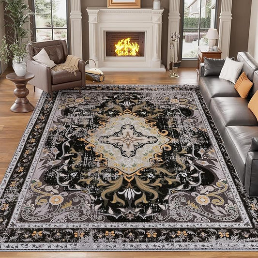 RUSHUFFY 6x9 Washable Area Rugs for Living Room, Non-Slip Boho Vintage Traditional Medallion Print Pattern Carpet for Bedroom Dining Room Farmhouse Nursery Room, Black & Gold