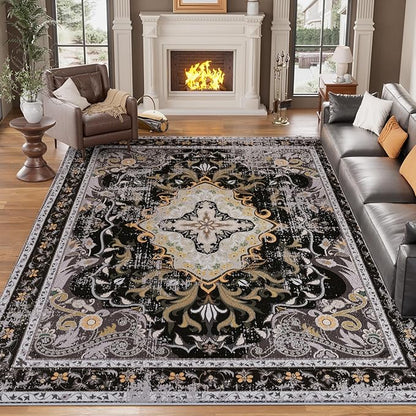 RUSHUFFY 8x10 Washable Area Rugs for Living Room, Non-Slip Large Boho Vintage Retro Print Pattern Carpet for Bedroom Dorm Dining Room Farmhouse Nursery Home Office, Black & Gold